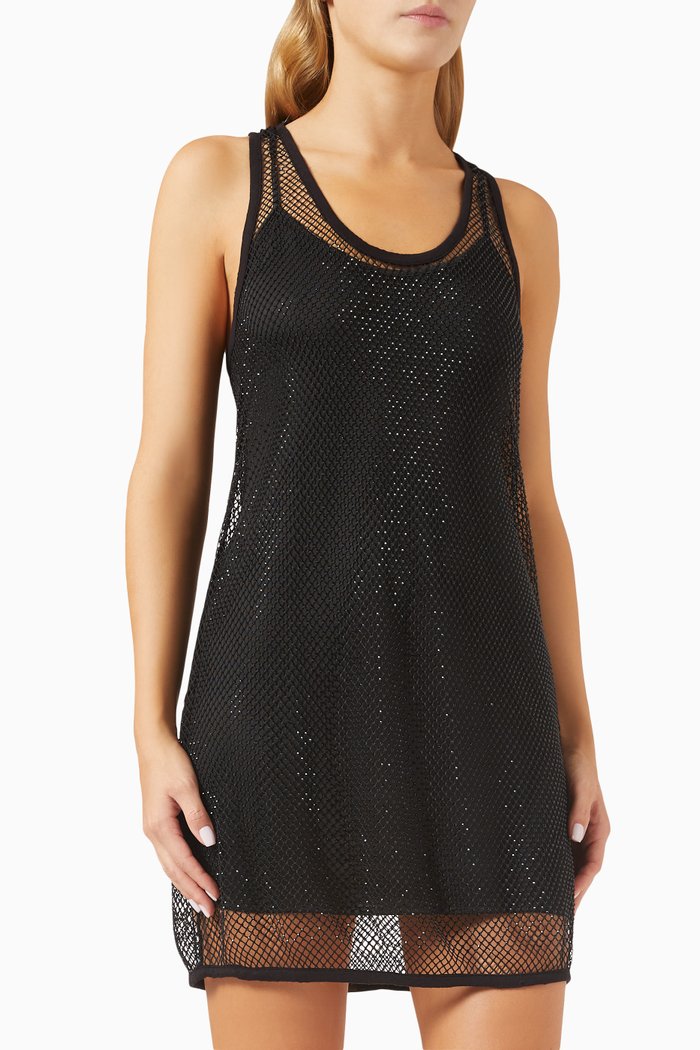 Sleeveless Mini Dress in Mesh & Crystals, Black