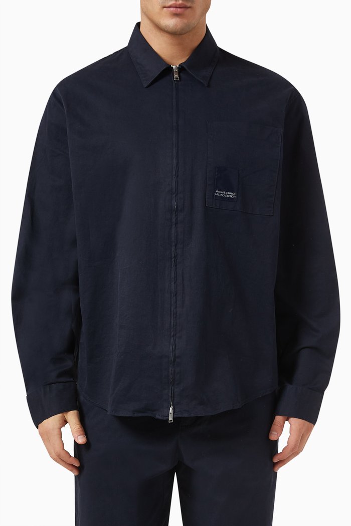 

Zip-through Logo Shirt in Cotton, Blue