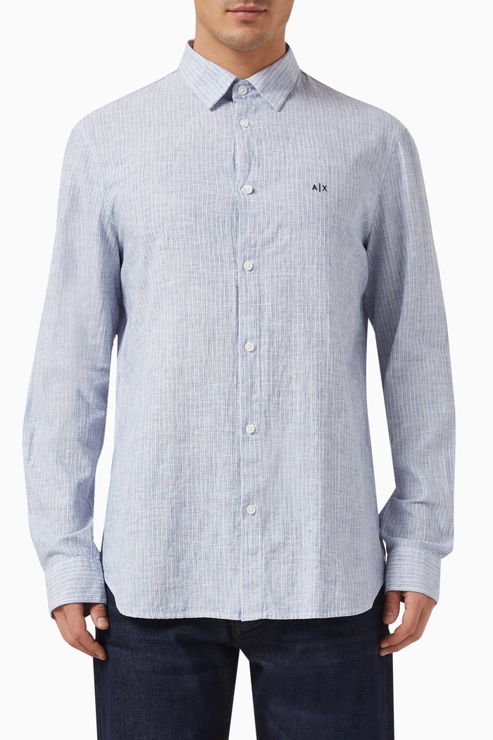 Long-sleeve Shirt in Linen-cotton, Blue