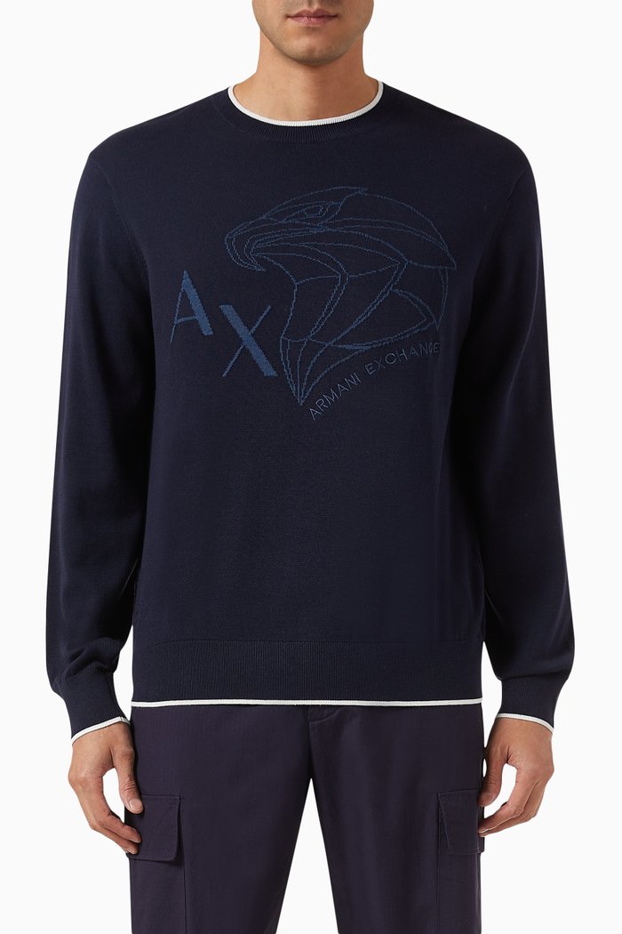 

AX Eagle Logo Pullover Sweater in Cotton, Blue