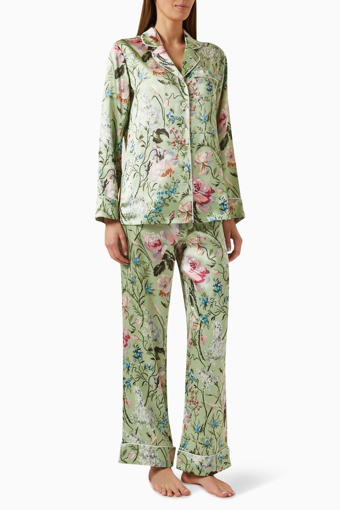 Lila Effie Pyjama Set in Silk, Green