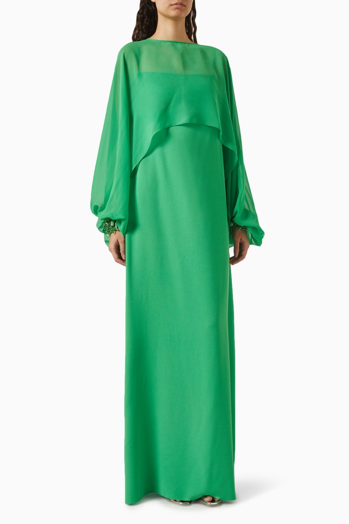 

Palm Detachable Cape Maxi Dress in Chiffon & Crepe, Green