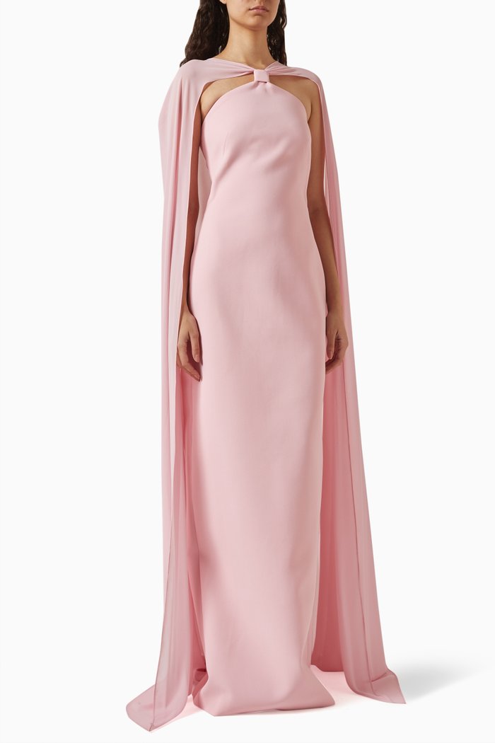 Powder Cape Maxi Dress in Crepe & Chiffon, Pink