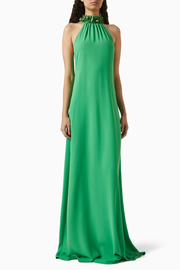 

Quartz Maxi Dress in Crepe & Chiffon, Green