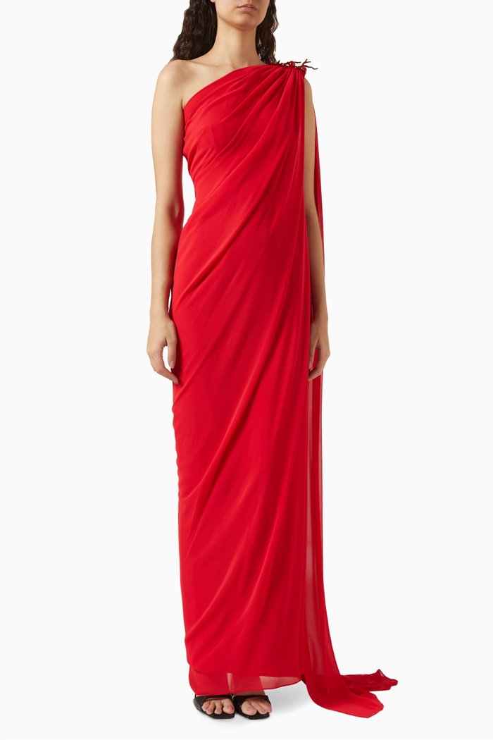 Patmos One-shoulder Maxi Dress in Chiffon, Red