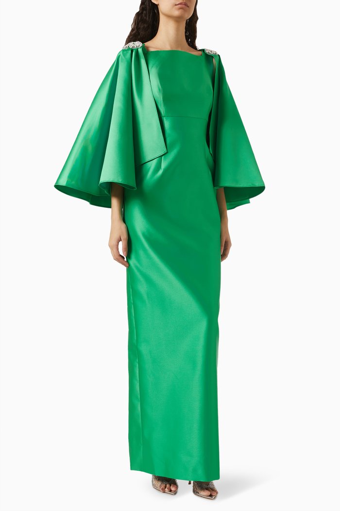 

Bowita Exaggerated Sleeves Maxi Dress in Duchesse Crepe, Green