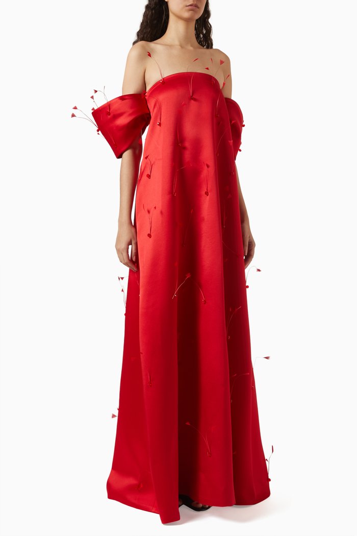 

Coral Off-shoulder Maxi Dress in Satin, Red
