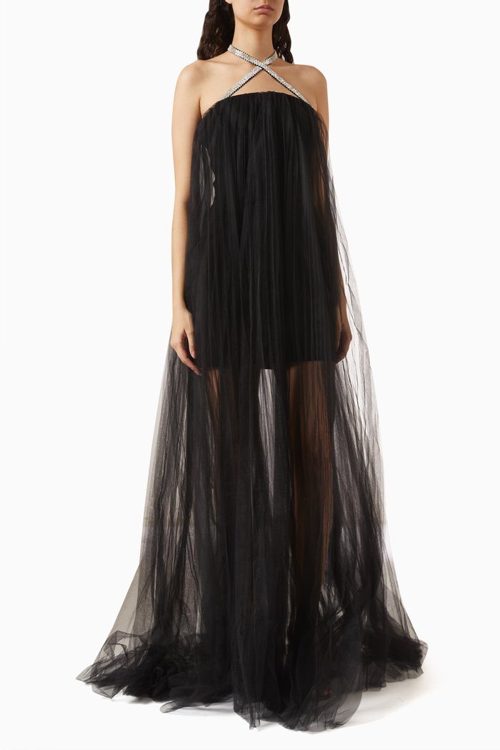 

Swan Embellished-strap Maxi Dress in Crepe & Tulle, Black