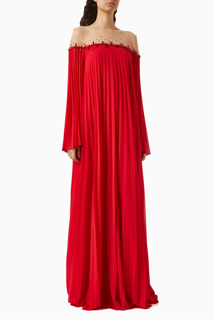 Nora Pleated Maxi Dress in Chiffon, Red
