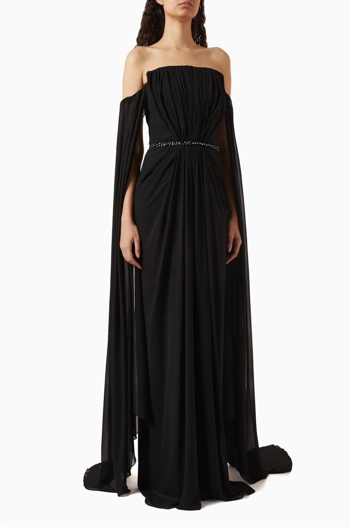 

Off-the-shoulder Belted Maxi Dress in Chiffon, Black