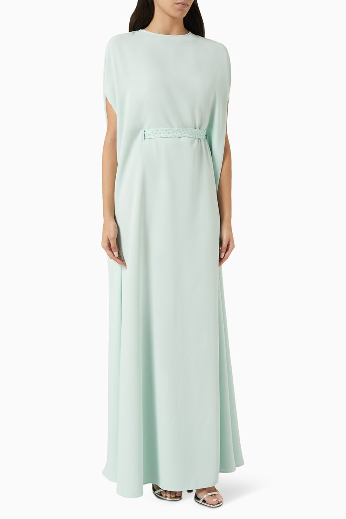 

Embellished Belted Maxi Dress in Soft Crepe, Green