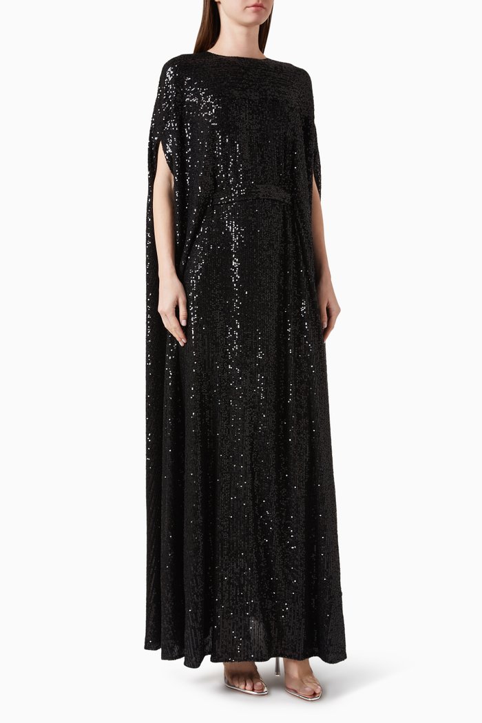 

Belted Cape-style Maxi Dress in Sequins, Black