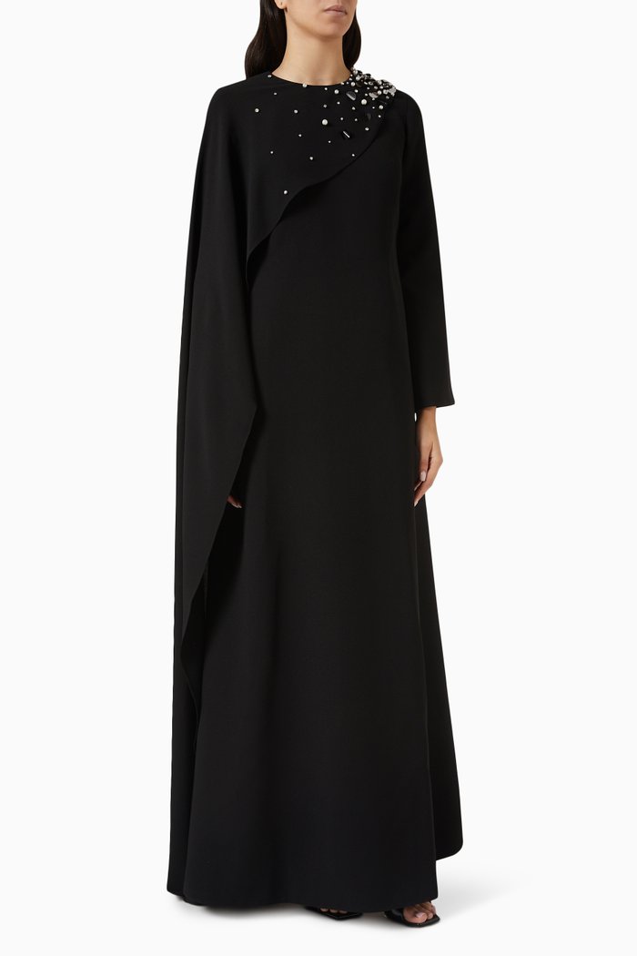 

Embellished Draped Maxi Dress in Crepe, Black