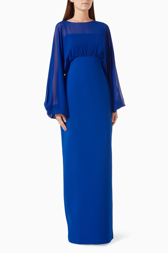 Blouson-sleeves Maxi Dress in Chiffon & Crepe, Blue