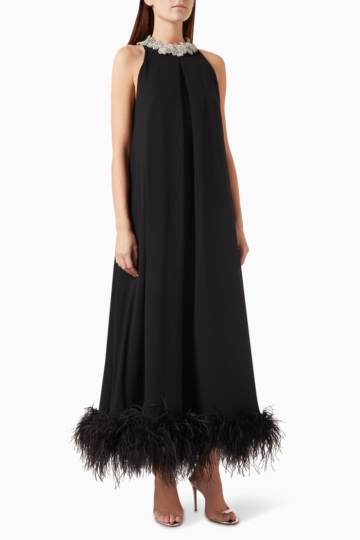 

Crystal-embellished Feather Maxi Dress in Chiffon, Black