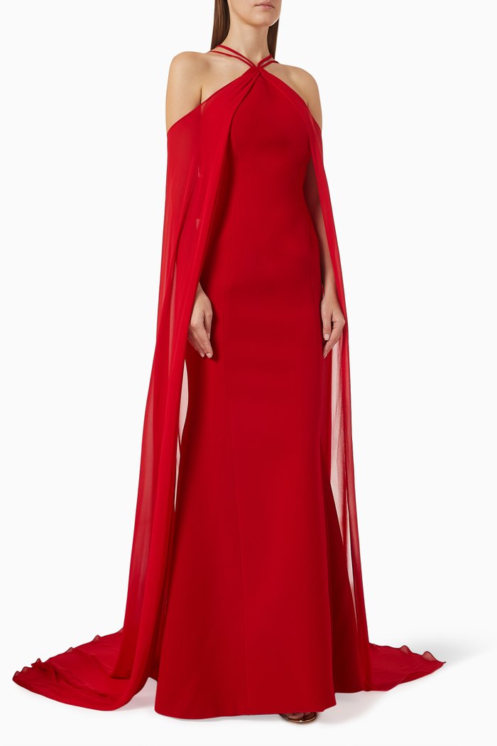 

Cape-sleeves Gown in Chiffon & Crepe, Red