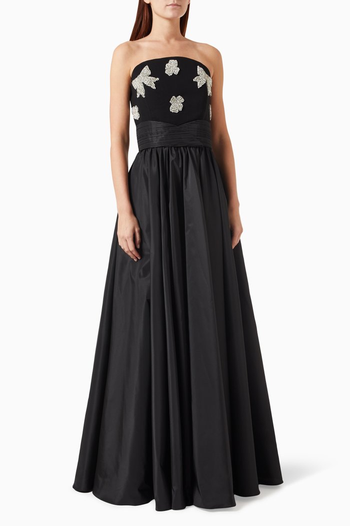 

Strapless Crystal-embellished Gown in Crepe & Taffeta, Black