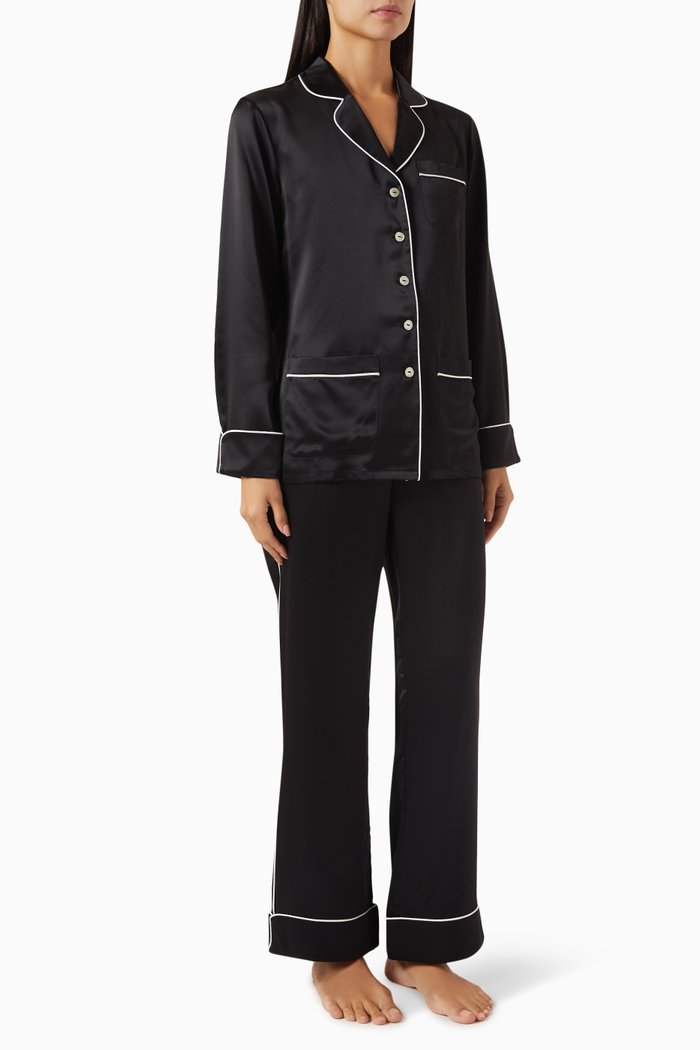 Coco Pyjama Set in Silk Satin, Black
