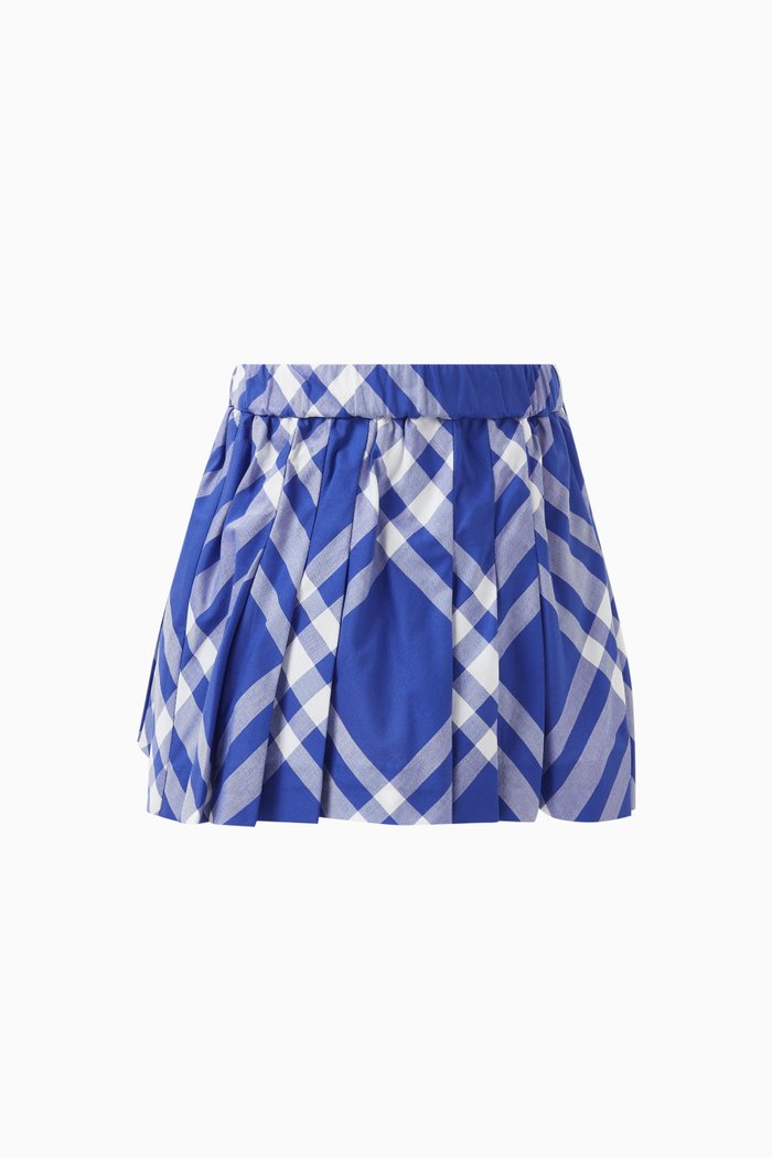 Camila Check Pleated Skirt in Cotton, Blue