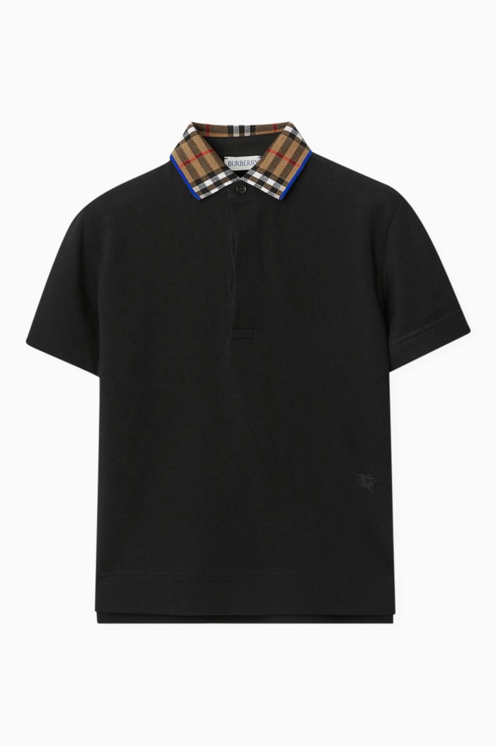 

Check-collar Polo Shirt in Cotton Piqué, Black