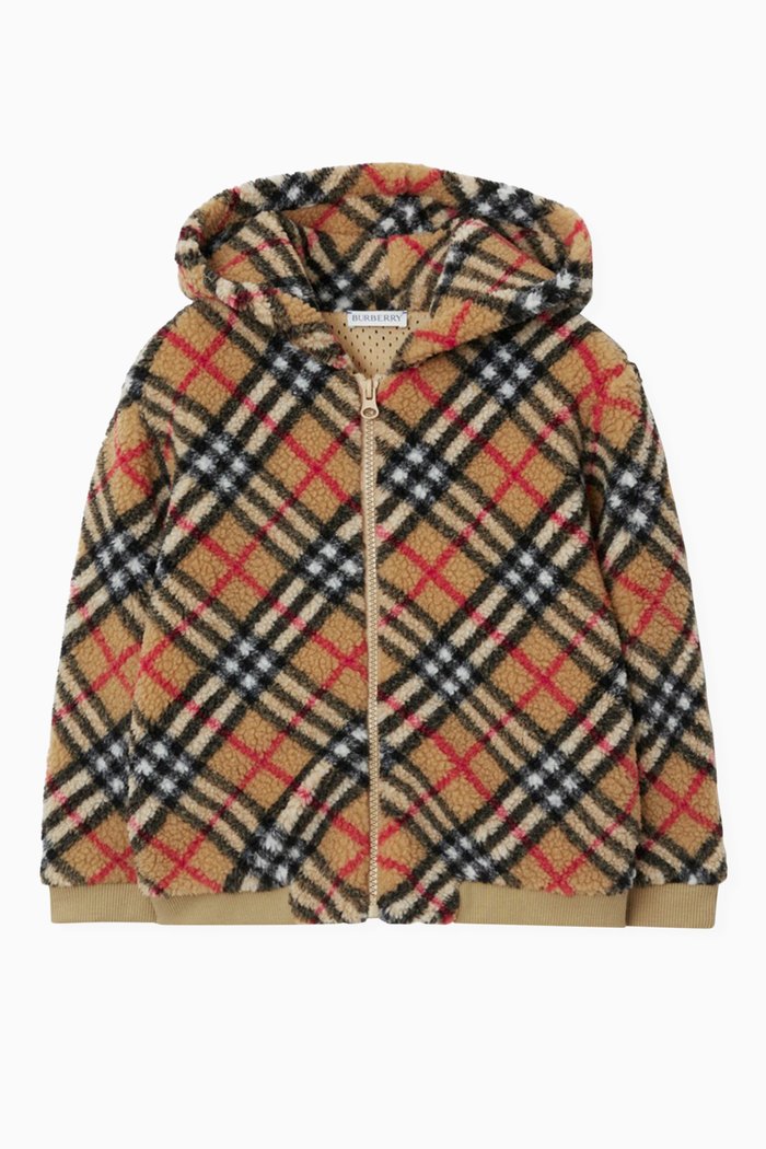 Check Print Hoodie in Fleece, Neutral
