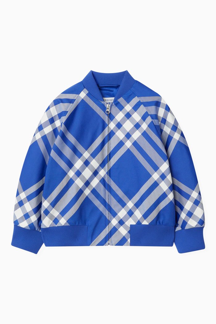 Check Print Bomber Jacket in Nylon, Blue