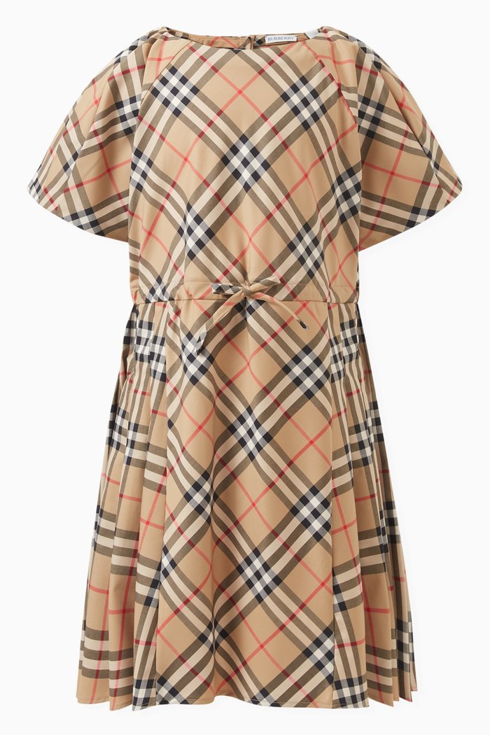

Pleated Check Dress in Stretch Cotton, Neutral