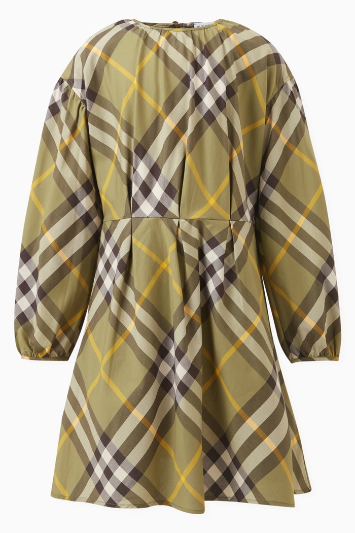 

Pleated Check Dress in Cotton, Green
