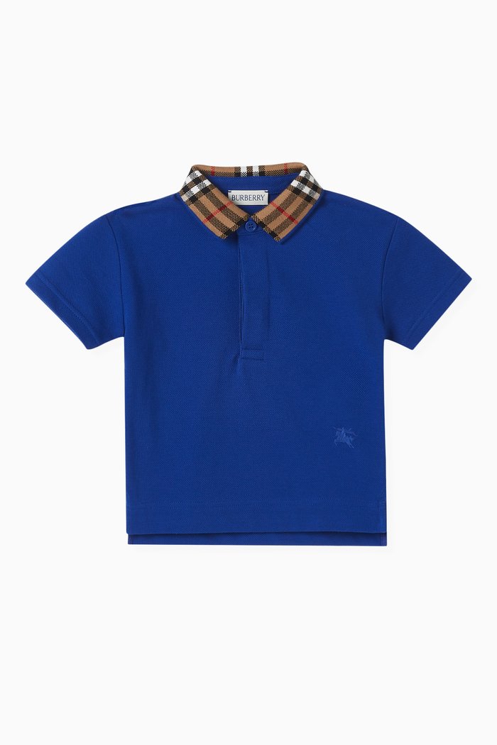 

Check-collar Polo Shirt in Cotton Piqué, Blue