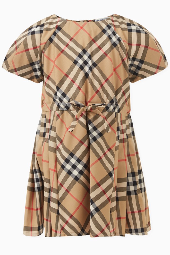 

Pleated Check Dress in Stretch Cotton, Neutral