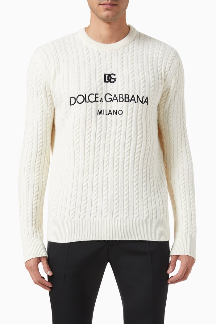

Logo Embroidered Cable-knit Sweater in Wool, White