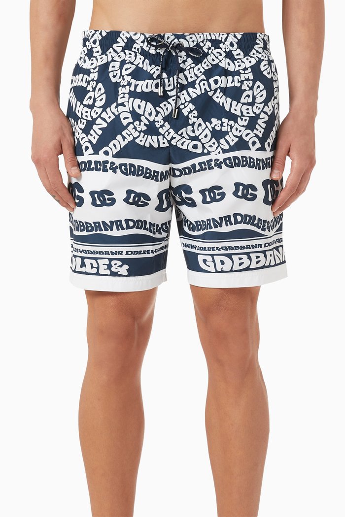 

Marina Print Mid-length Swim Shorts in Nylon, Blue