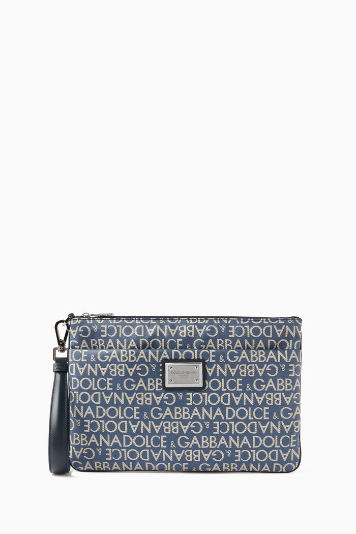 Logo Pouch in Coated Canvas & Leather, Blue