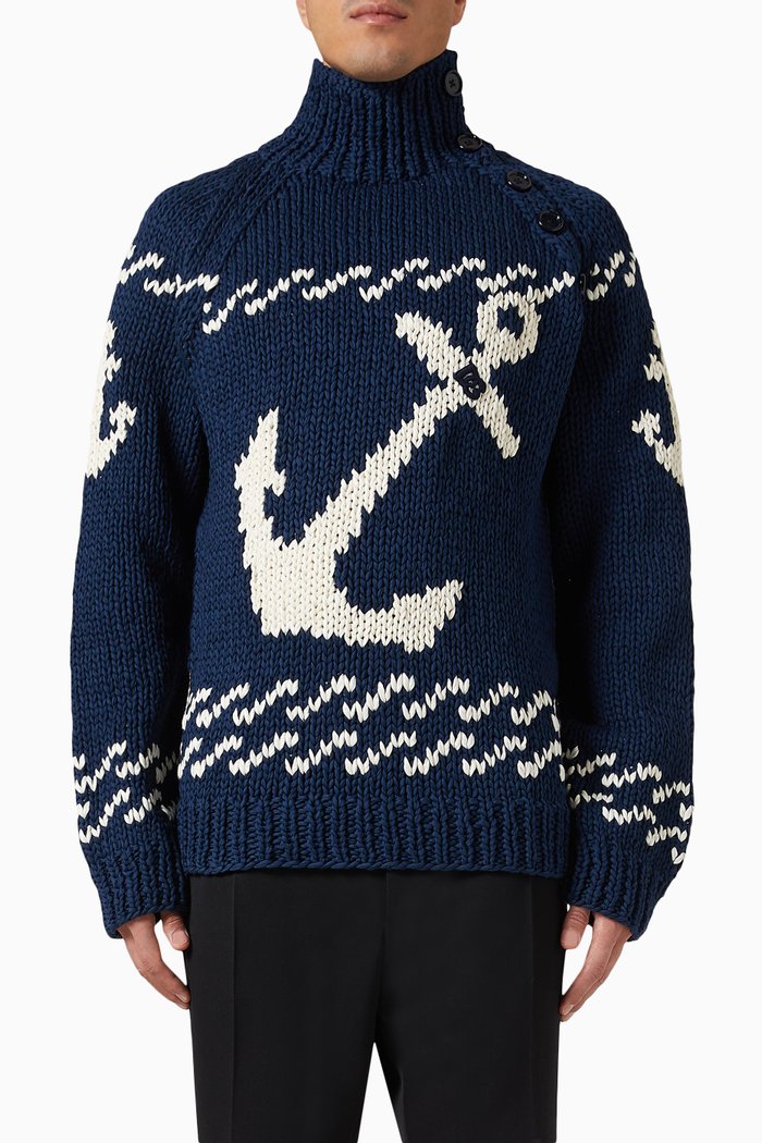 

Marina-print Turtleneck Sweater in Cotton Knit, Blue