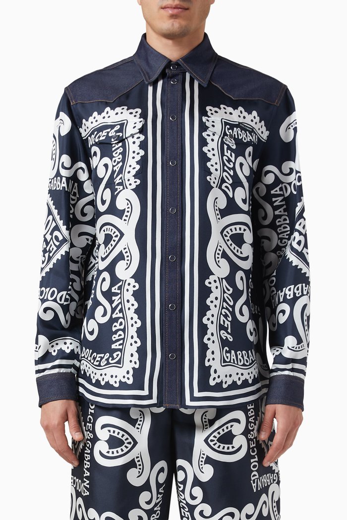 

Marina Print Shirt in Silk & Denim, Blue