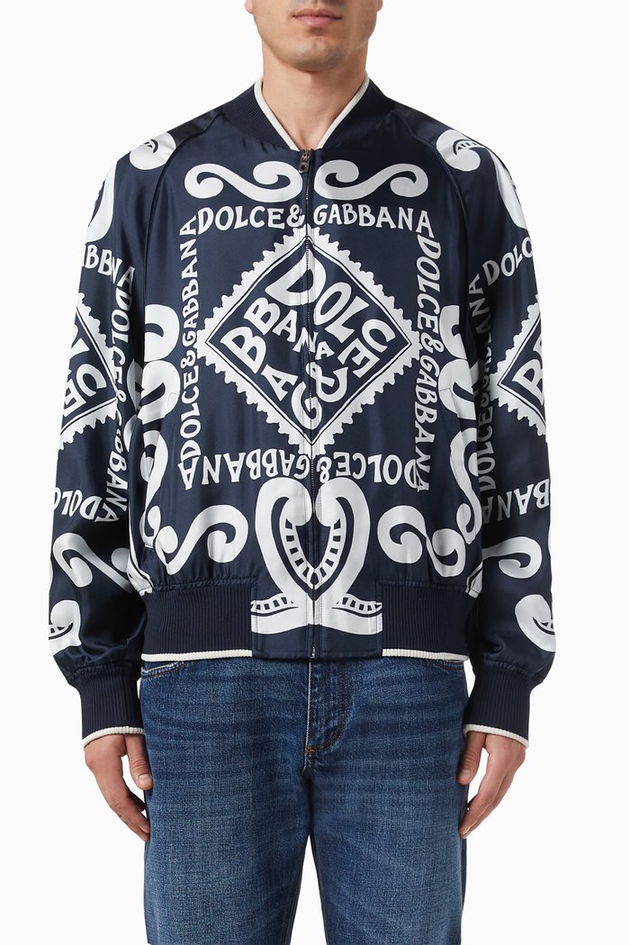 

Marina Print Bomber Jacket in Silk, Blue