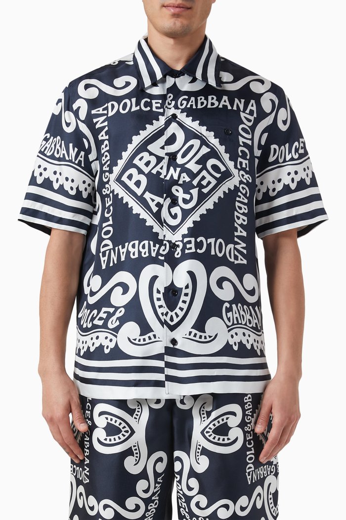 

Marina Print Hawaii Shirt in Silk Twill, Blue