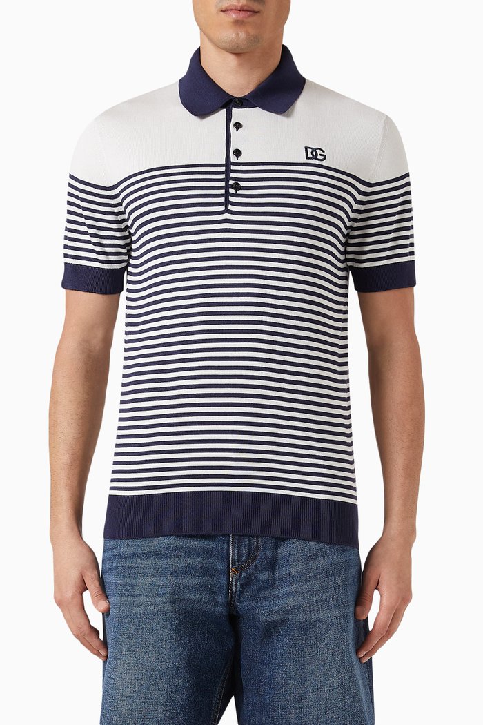 

Striped Polo Shirt in Ribbed Silk, Blue