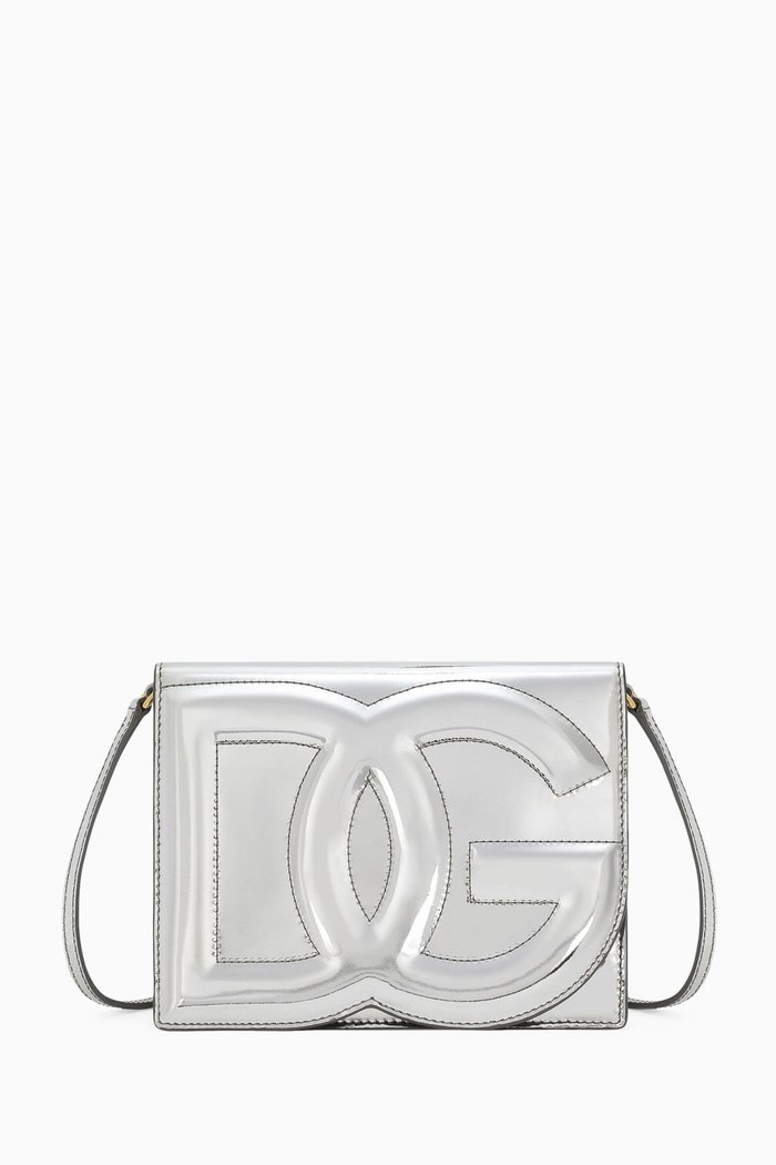 

Logo Flap Shoulder Bag in Metallic Calfskin, Silver