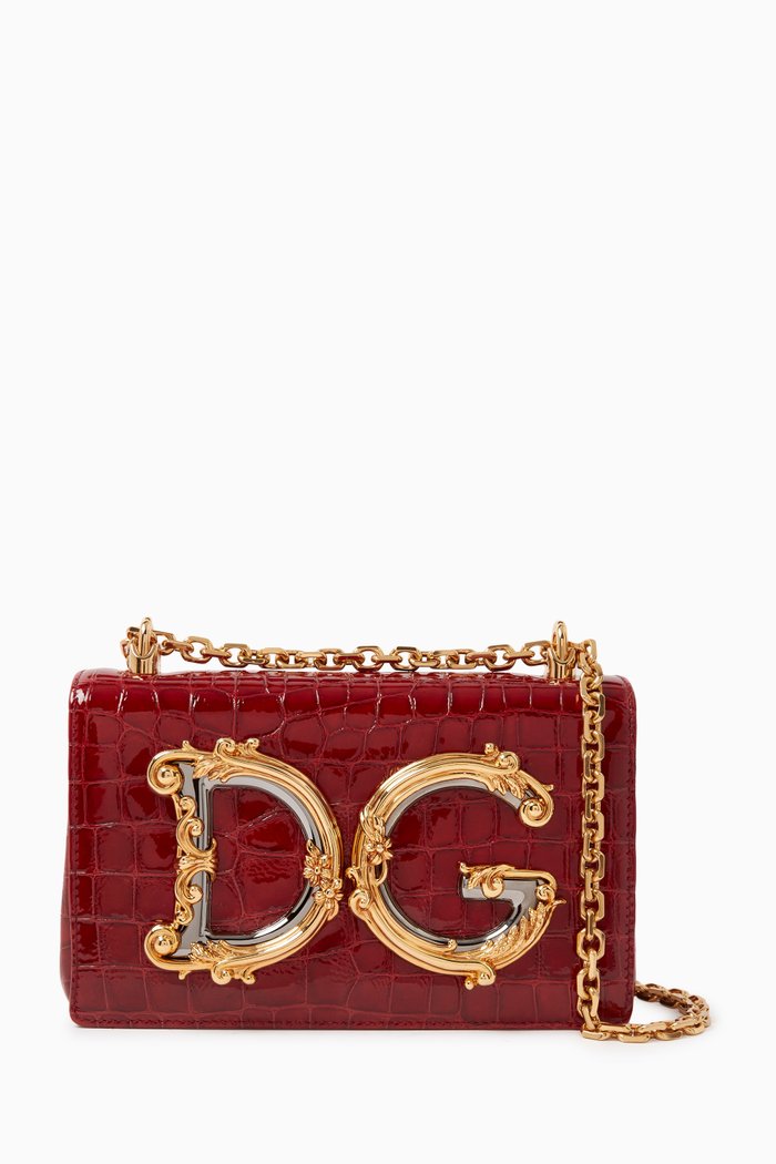 

Medium DG Girls Shoulder Bag in Croc-embossed Leather, Burgundy