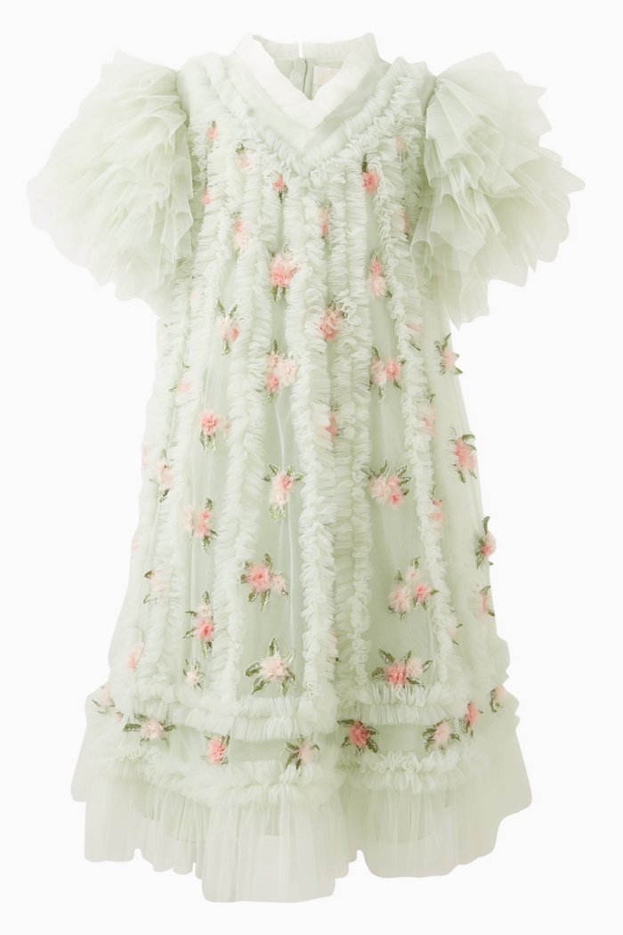 

Sage Floral-embroidered Dress in Tulle, Green