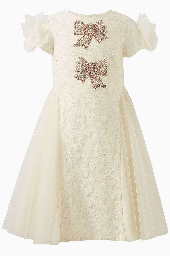 Grace Embellished Bow Dress in Lace & Tulle, White