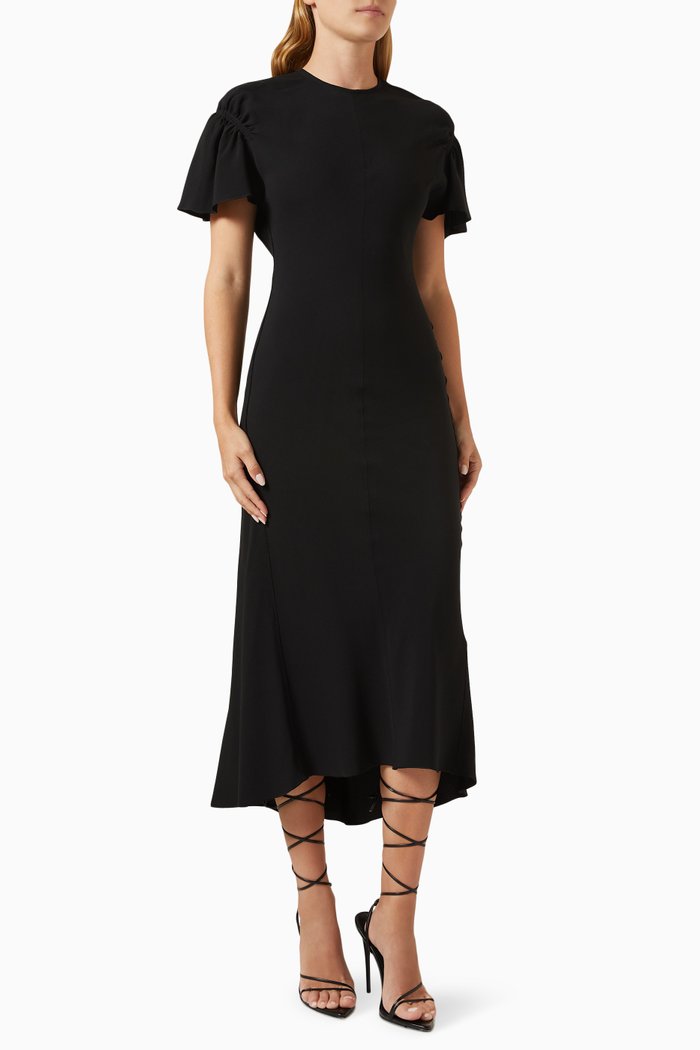 

Gathered Sleeve Midi Dress in Crepe, Black