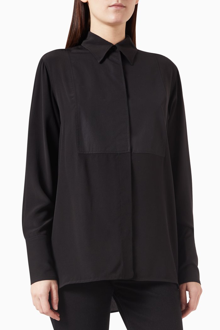 

Contrast Bib Shirt in Silk, Black