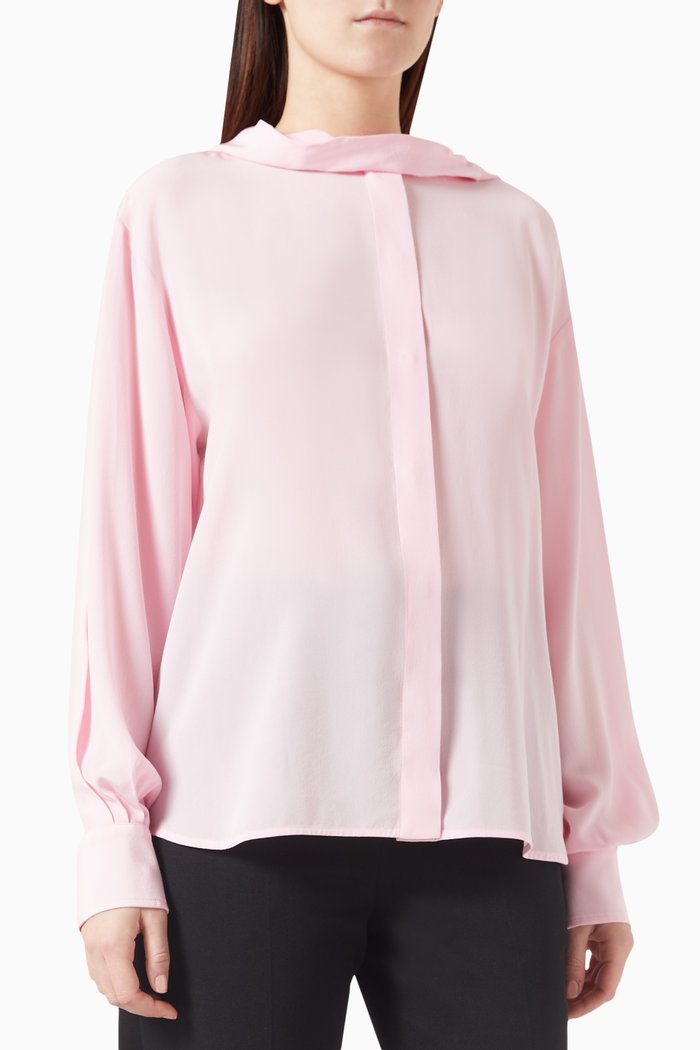 

Hooded Tie-neck Blouse in Silk, Pink