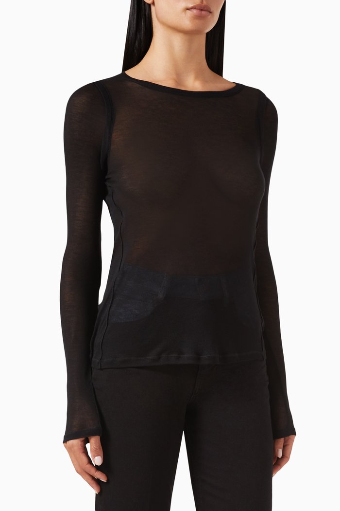 

Sheer Crew Neck Top in Lyocell, Black
