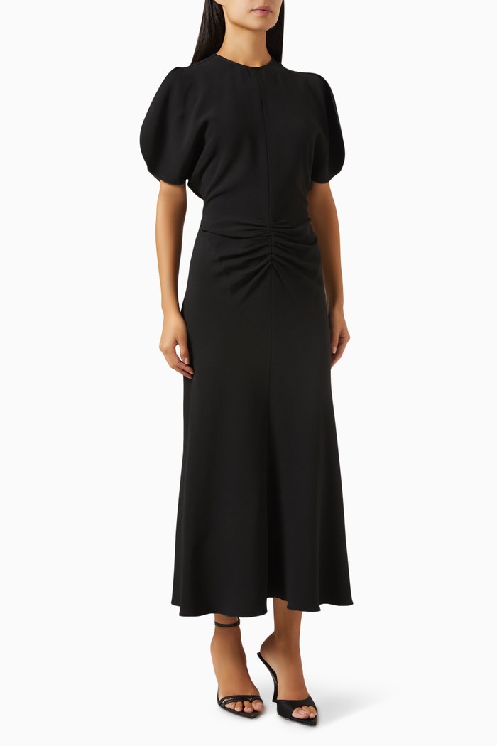 

Gathered Waist Midi Dress in Cady, Black