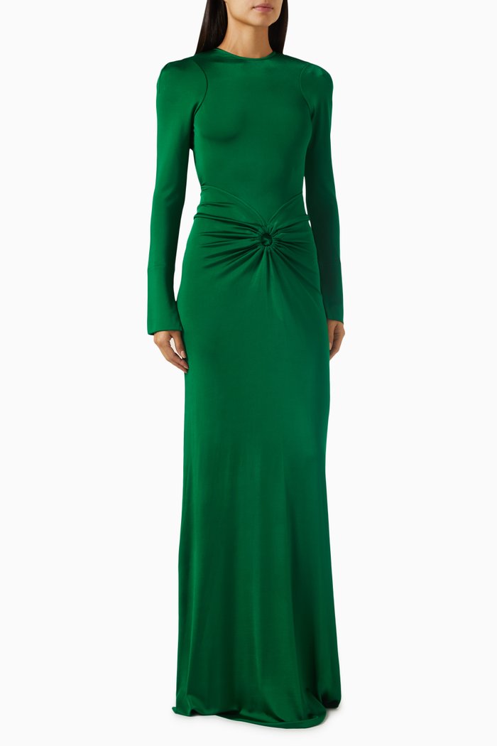 

Circle Detail Open Back Gown in Jersey, Green