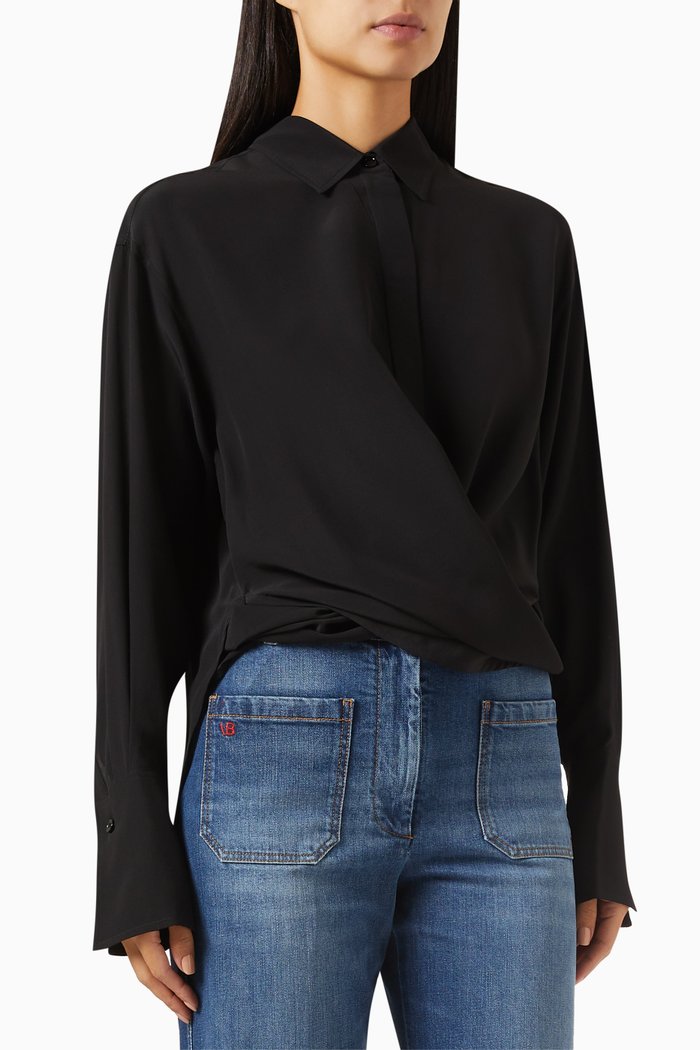 

Wrap-front Blouse in Crepe de Chine, Black
