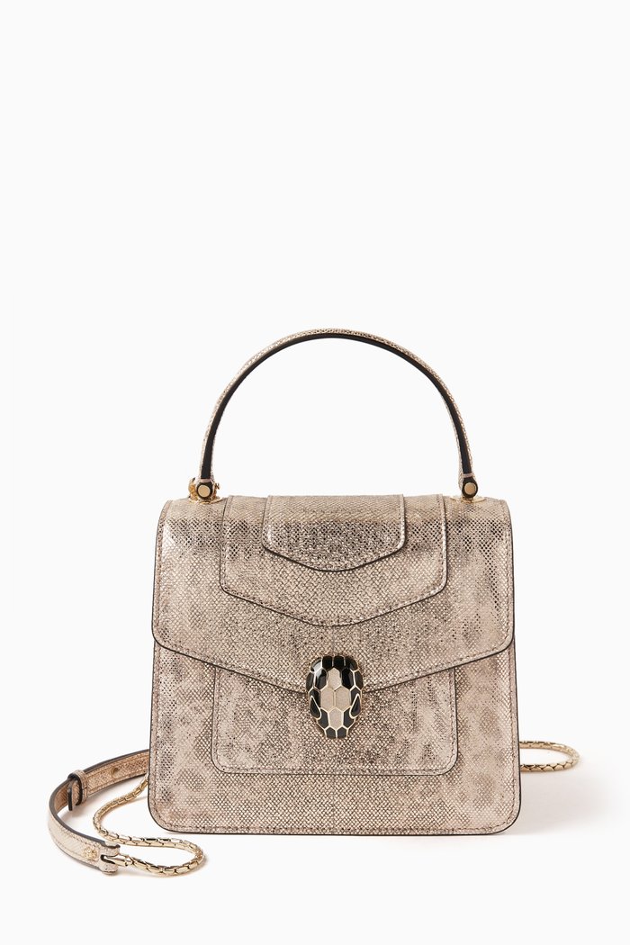

Serpenti Forever Top-handle Bag in Metallic Karung Leather, Neutral